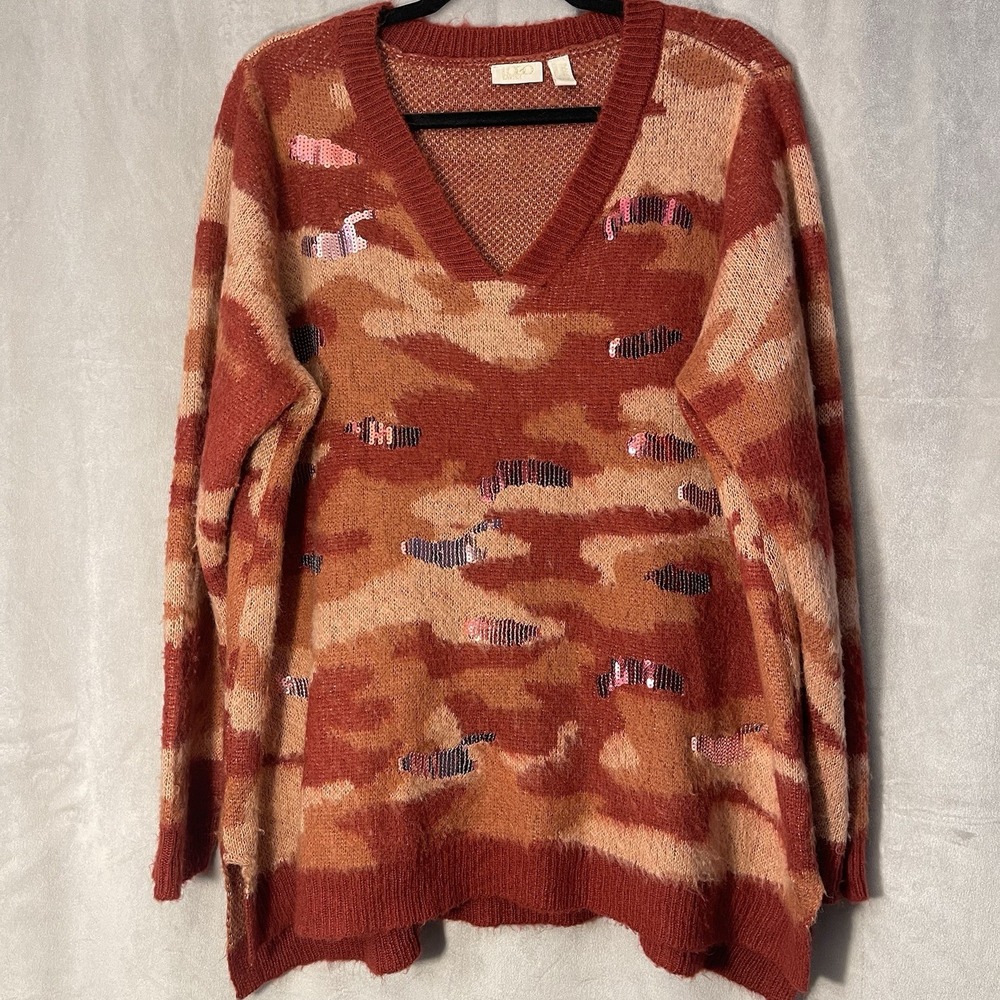 Lori Goldstein Red Rust Camo Sweater Sequins Glam Fuzzy Cozy Women's Plus Sz 1X